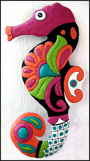 Painted Metal Seahorse - Hand Painted Metal Garden Art Wall Hanging - Nautical Decor - 13" x 24" - 
